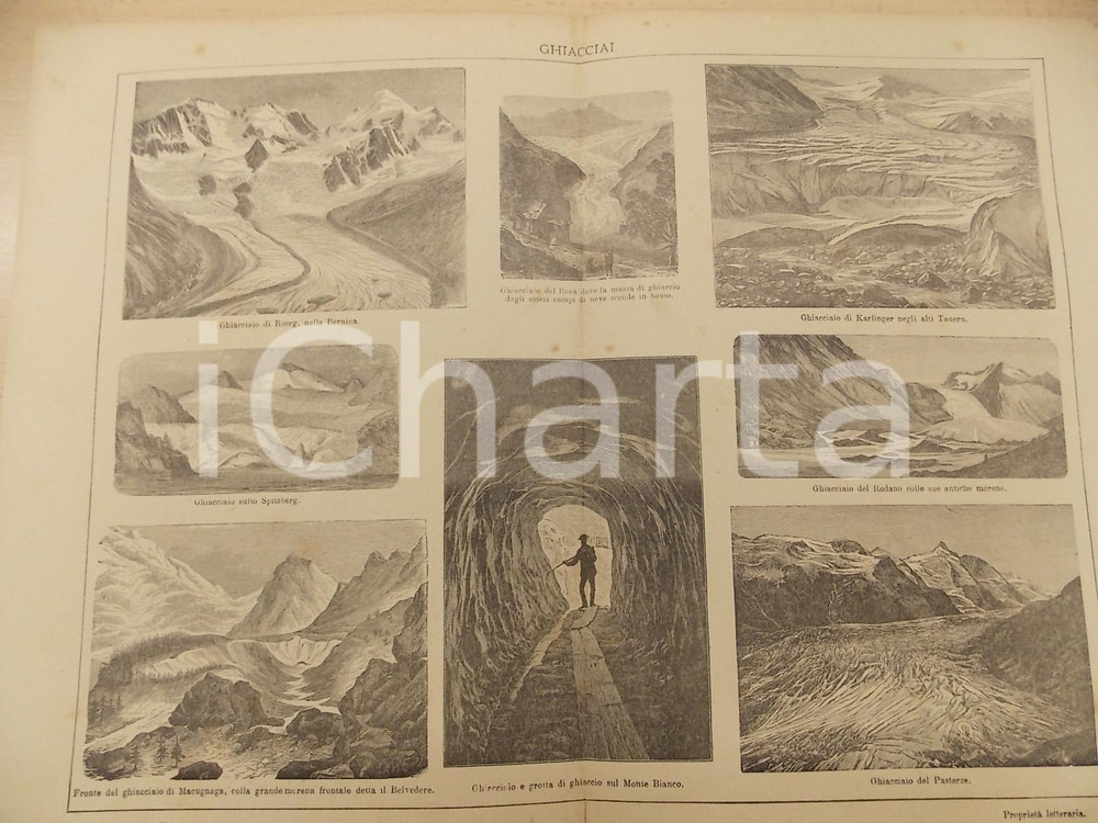 Stampa, bozzetto originale 1900 ca LEXICON VALLARDI Enciclopedia Universale  Ghiacciai Tavola ILLUSTRATA 1