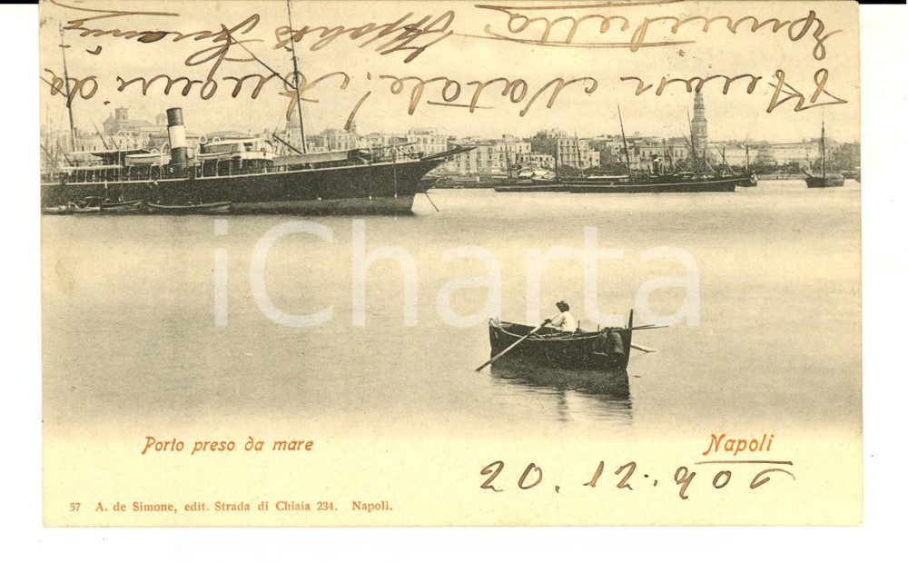 Cartolina originale da collezione 1906 NAPOLI Porto preso da mare con barca in viaggioCartolina ANIMATA FP VG 1