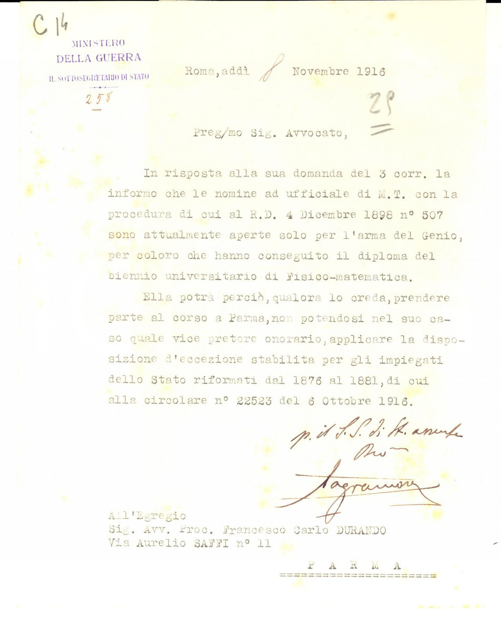 Documento originale, autentico 1916 MINISTERO DELLA GUERRA Lettera sulle nomine a ufficiale ARMA DEL GENIO 1