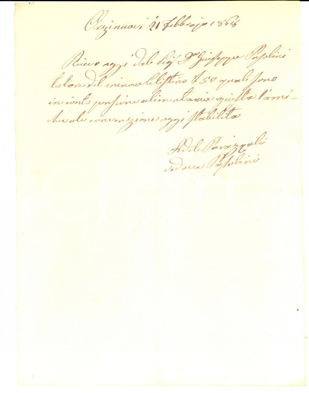 Documento originale, autentico 1868 ORZINUOVI BS Ricevuta pensione alimentare pro Celestino PASOLINI minore 1