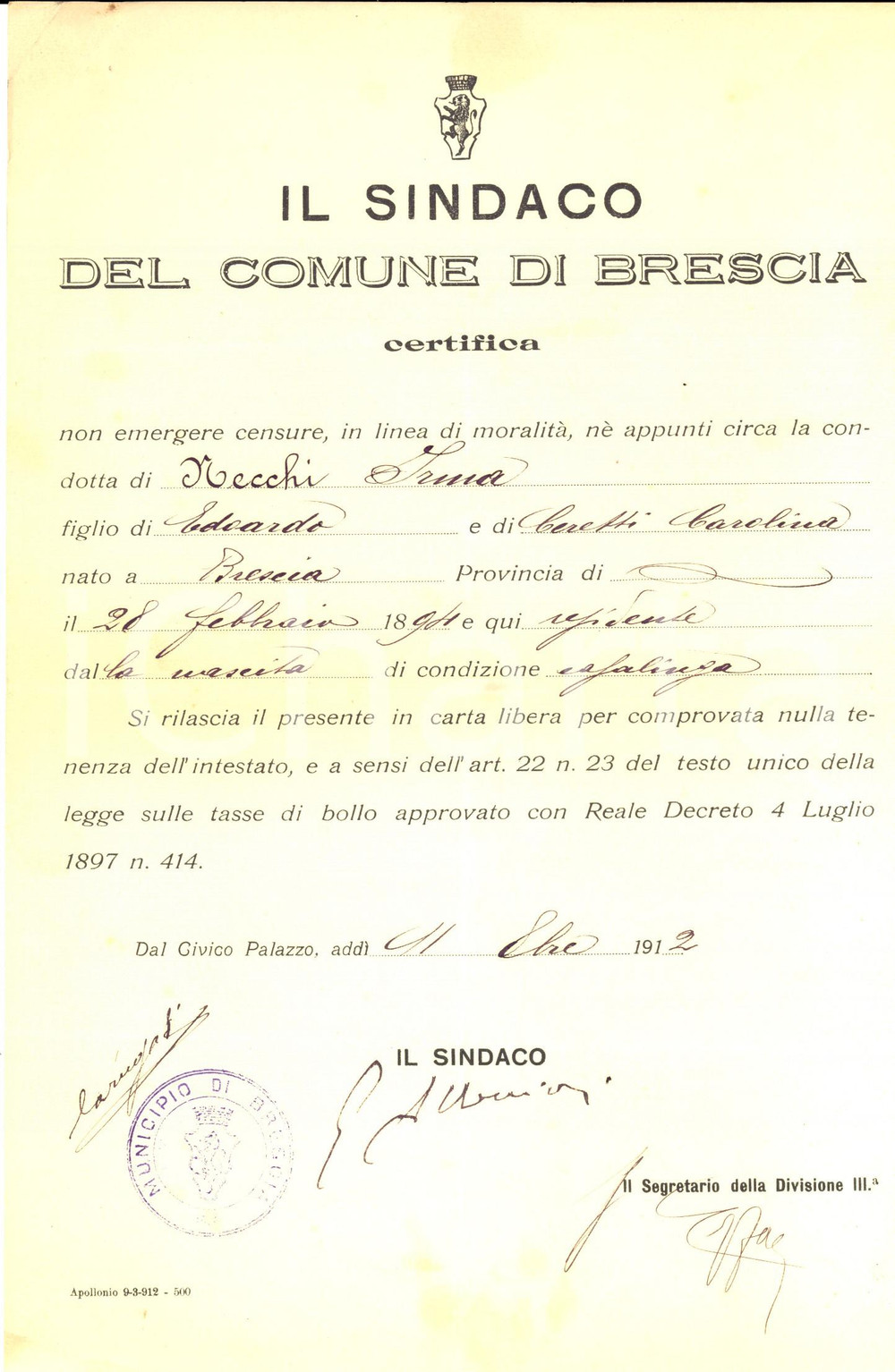 Documento originale, autentico 1912 COMUNE DI BRESCIA Certificato di moralitÃ  di Irma NECCHI 1