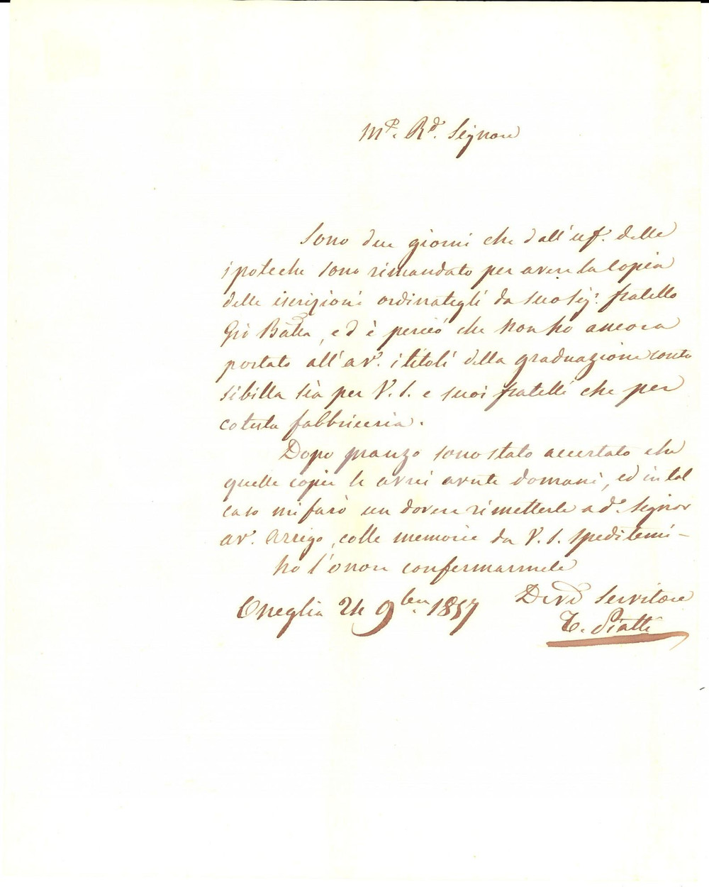 Manoscritto, lettera originale 1857 ONEGLIA Avvocato Tommaso PIATTI sempre rimandato all Ufficio Ipoteche 1