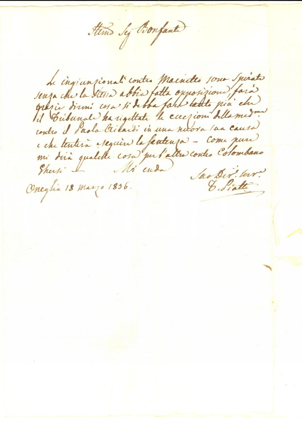 Manoscritto, lettera originale 1836 ONEGLIA Avvocato Tommaso PIATTI a Domenico BONFANTE sulle liti in corso 1