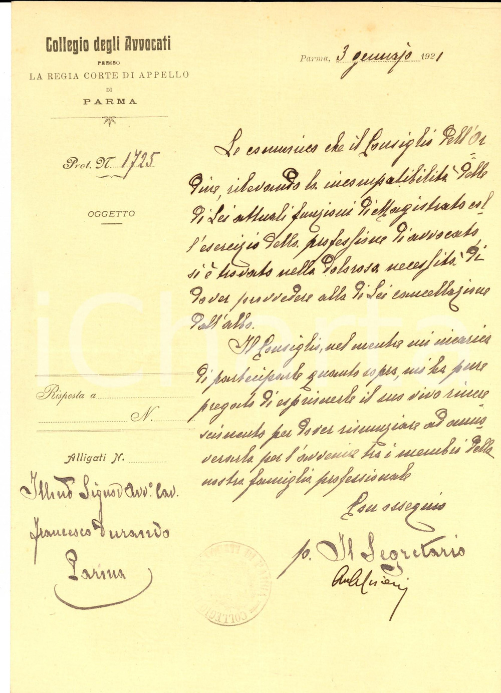 Documento originale, autentico 1921 PARMA Avv. Francesco  DURANDO cancellato dall albo degli avvocati 1