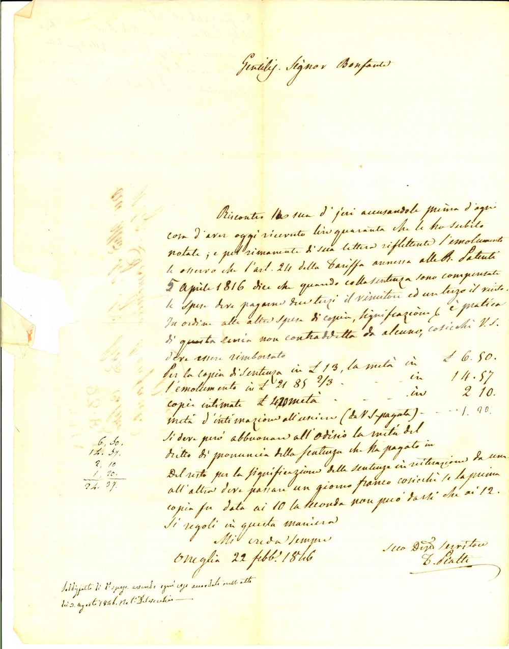Manoscritto, lettera originale 1846 ONEGLIA Avvocato Tommaso PIATTI aggiorna il tariffario Prefilatelica 1