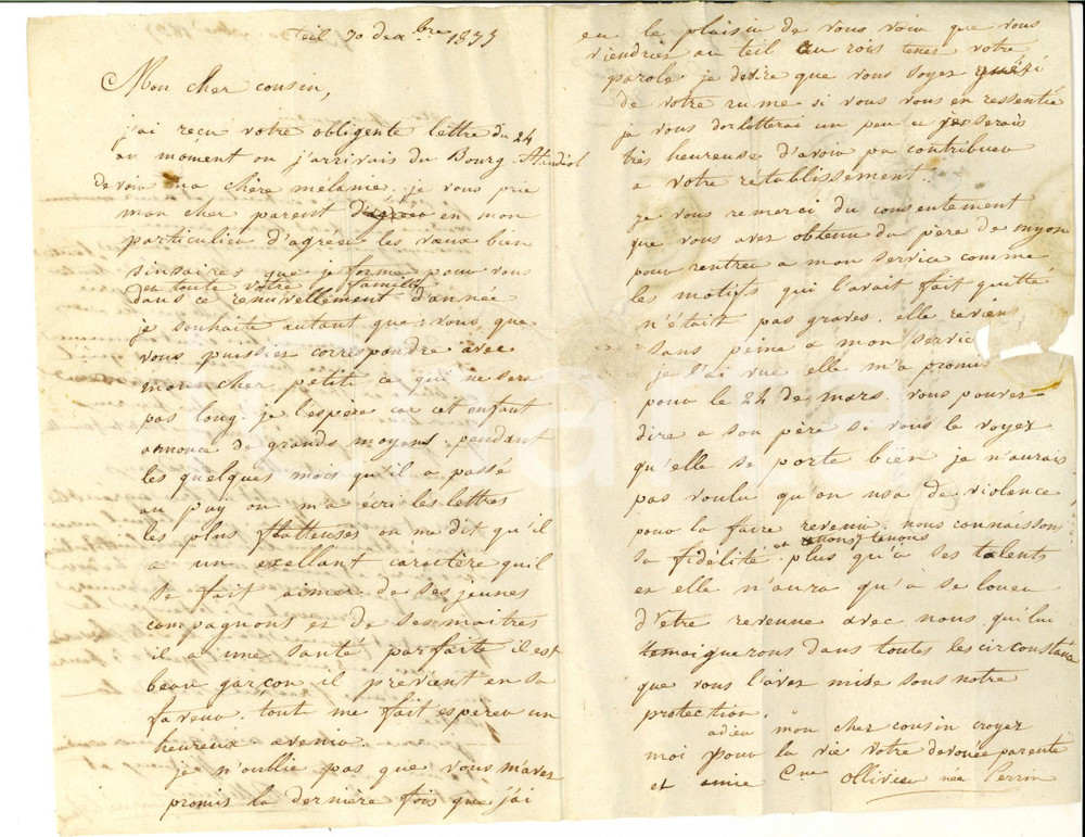 Manoscritto, lettera originale 1837 LE TEIL FRANCE Lettera familiare di Andéol e Catherine OLLIVIER al cugino 1