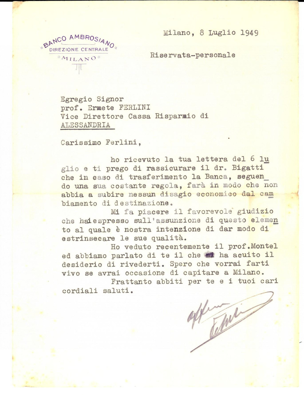 Manoscritto, lettera originale 1949 MILANO BANCO AMBROSIANO Direzione Centrale  Lettera a Ermete FERLINI 1