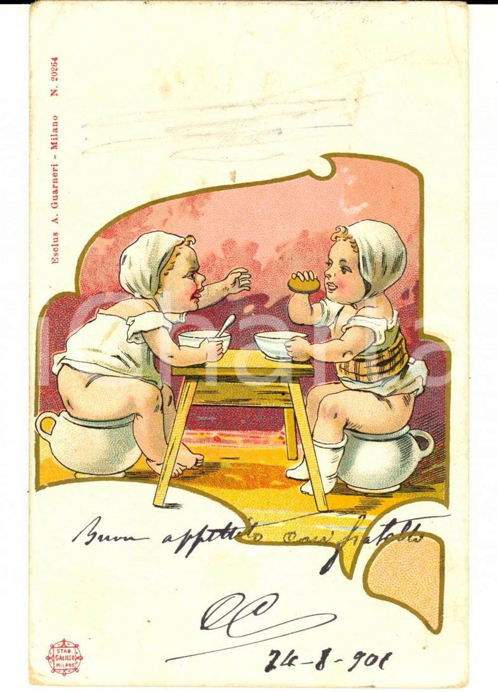 Cartolina originale da collezione 1901 GENOVA Colazione con furto del biscotto Cartolina SATIRICA ILLUSTRATA 1
