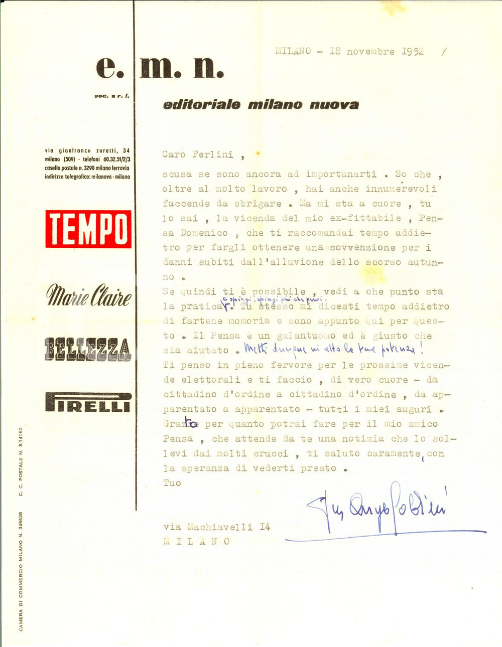 Manoscritto, lettera originale 1952 MILANO EDITORIALE MILANO NUOVA  Lettera di raccomandazione pro amico 1