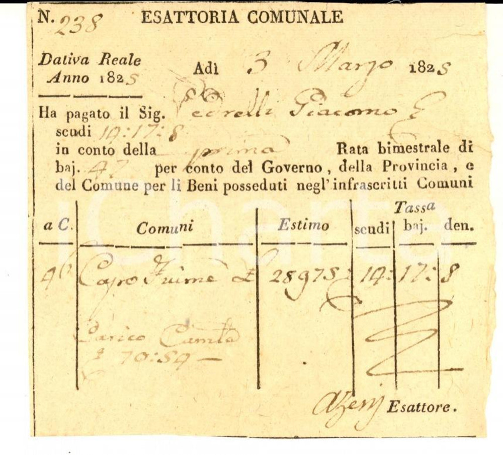 1825 CAPOFIUME (BO) Ricevuta a Giacomo PEDRELLI Dativa reale