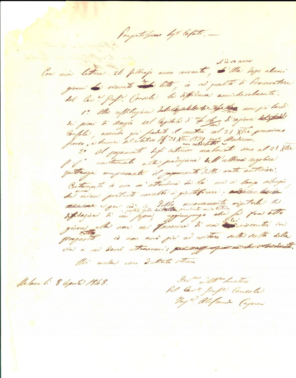 Manoscritto, lettera originale 1848 MILANO Lettera ing. Alessandro CAPRONI sul capitale di Giuseppe CONSOLE 1