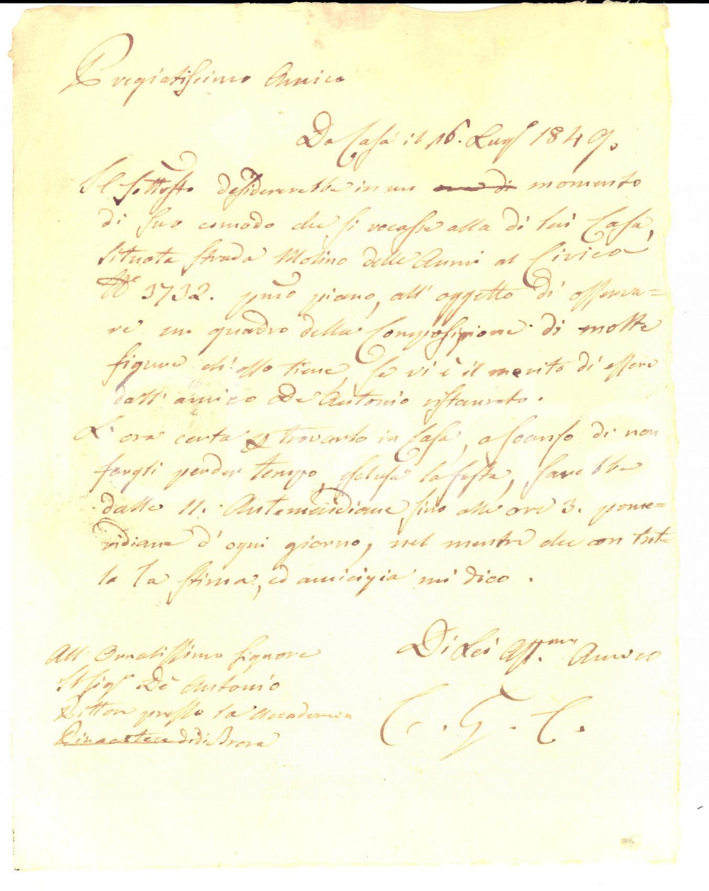 Documento originale, autentico 1849 MILANO Conte Giuseppe CONSOLE chiede consulenza al pittore DE ANTONIO 1