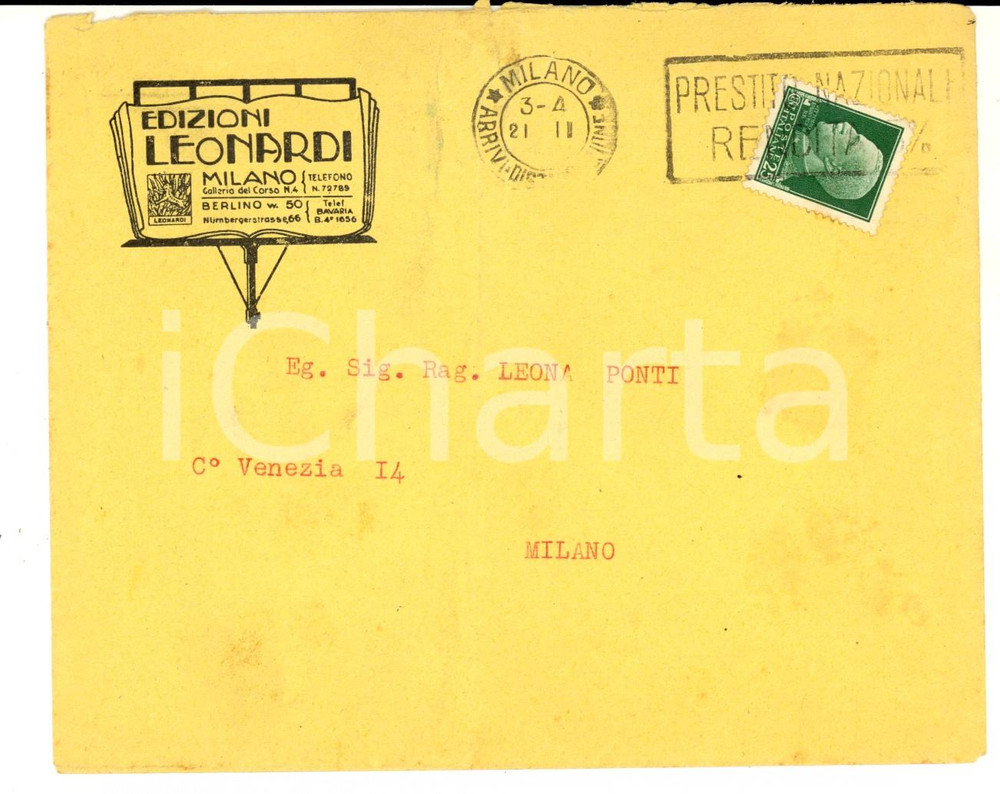 Materiale pubblicitario d’epoca 1940 ca STORIA POSTALE MILANO EDIZIONI LEONARDI Busta viaggiata L. 25 1