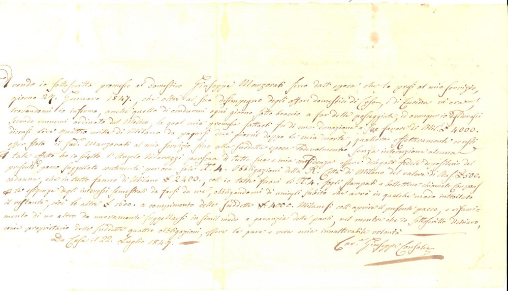 Documento originale, autentico 1849 MILANO Donazione conte Giuseppe CONSOLE al domestico Giuseppe MARZORATI 1