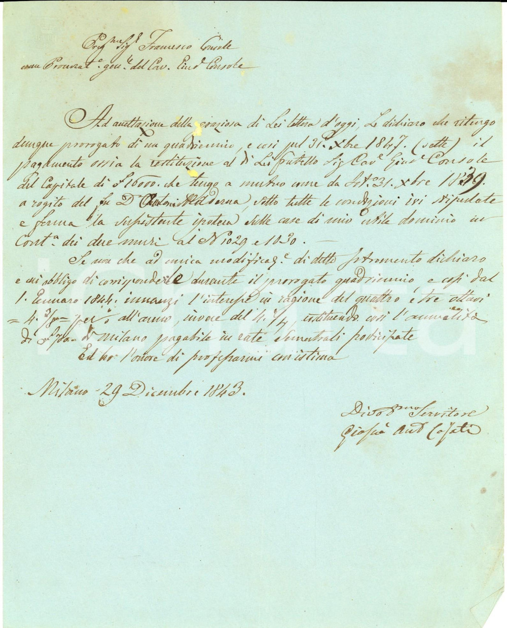 Documento originale, autentico 1843 MILANO Giosué Antonio CASATI a Francesco CONSOLE su restituzione mutuo 1