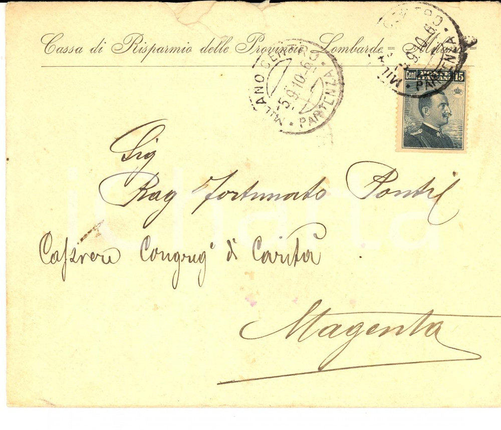 Materiale pubblicitario d’epoca 1910 MILANO Cassa di Risparmio delle PROVINCIE LOMBARDE Busta 15 cent. 1