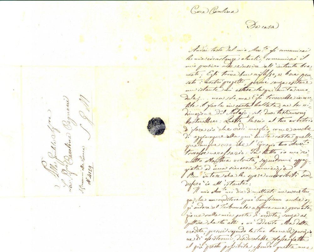Documento originale, autentico 1840 ca MILANO Lettera a Carolina PAGNONI dalla sorella per divisione beni 1