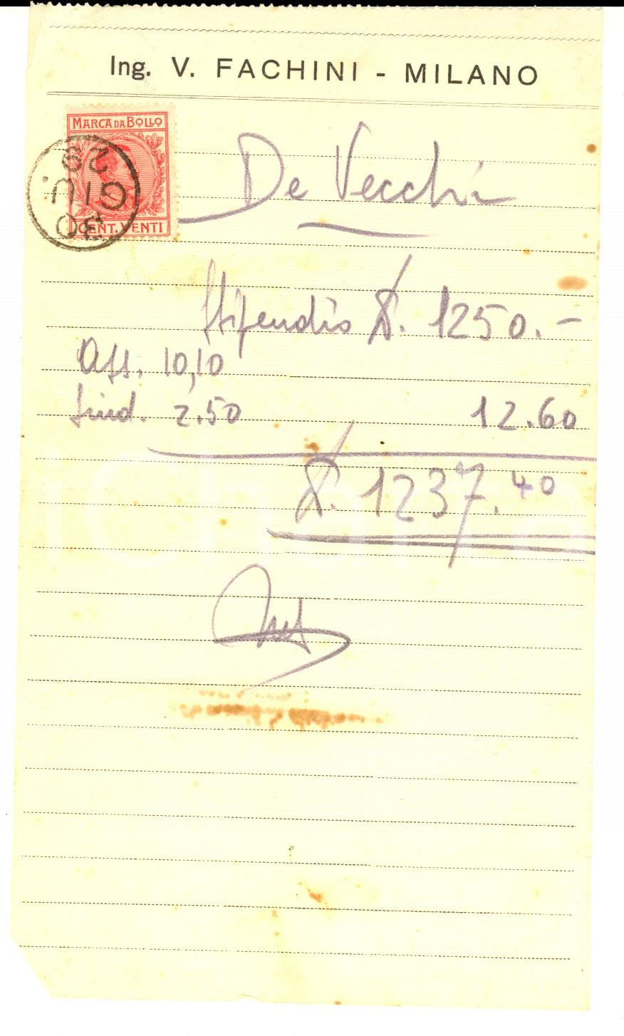 Documento originale, autentico 1929 MILANO Ditta Ing. V.FACHINI  ricevuta manoscritta con bollo 1
