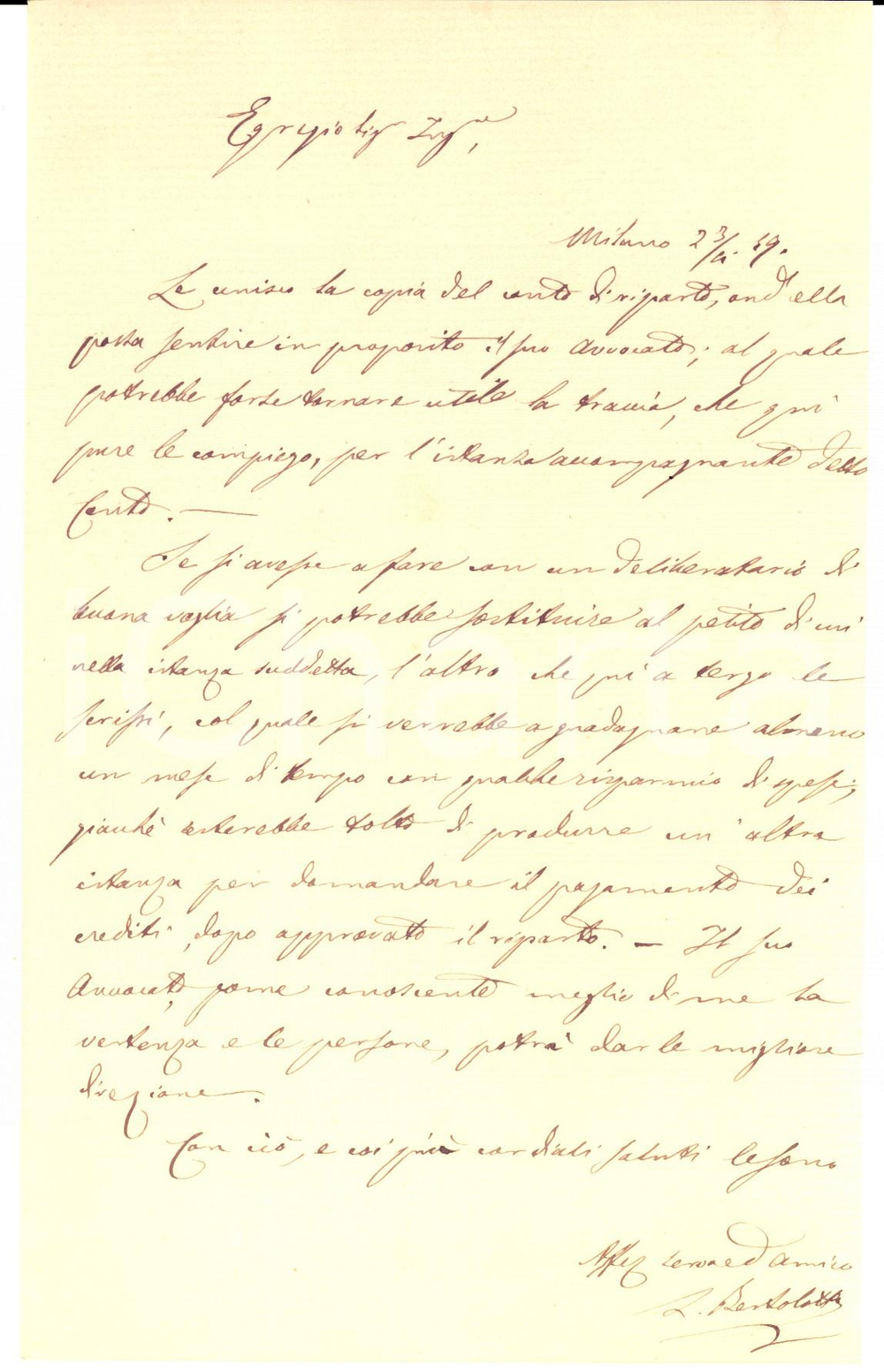 Manoscritto, lettera originale 1849 MILANO Lettera impresario BERTOLOTTI per sollecitare un pagamento 1