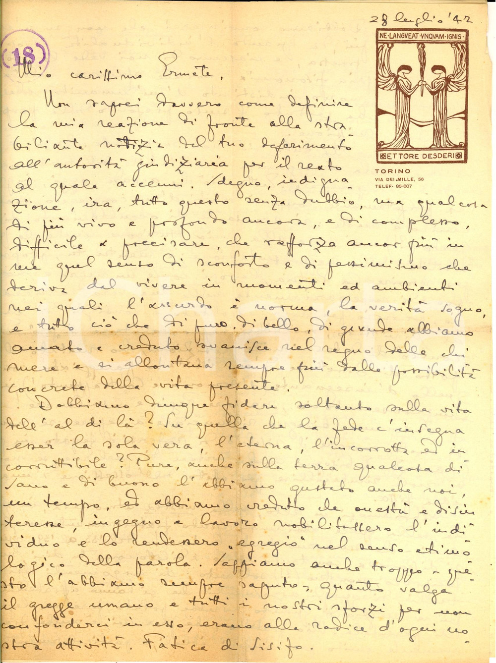 Autografo originale 1942 TORINO L assurdo Ã¨ la norma, la veritÃ  sogno AUTOGRAFO Ettore DESDERI 1