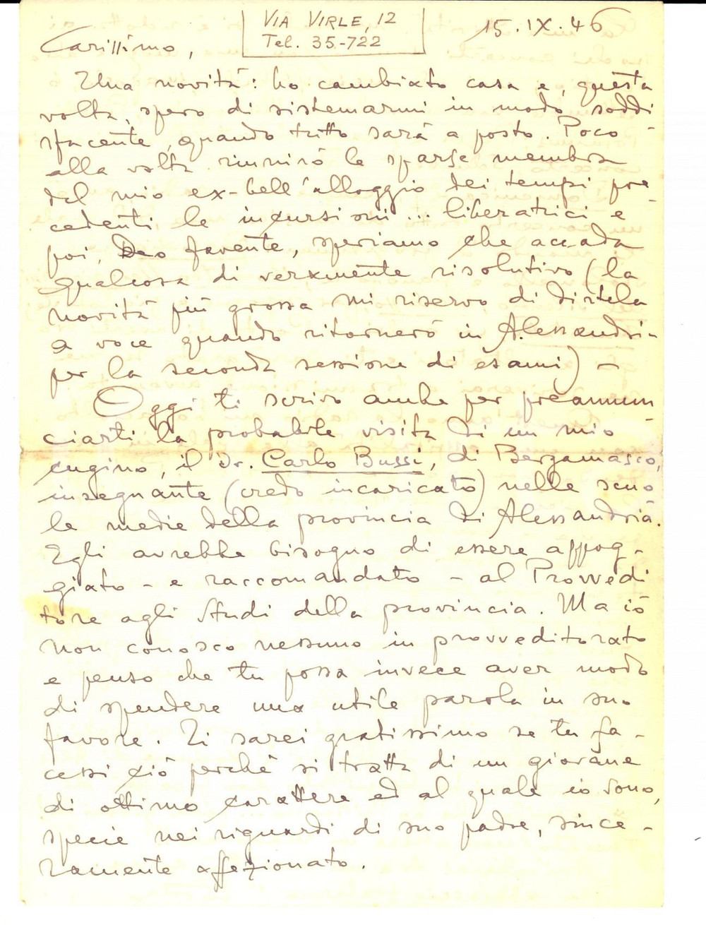 Autografo originale 1946 TORINO Ettore DESDERI chiede raccomandazione per il cugino AUTOGRAFO 1