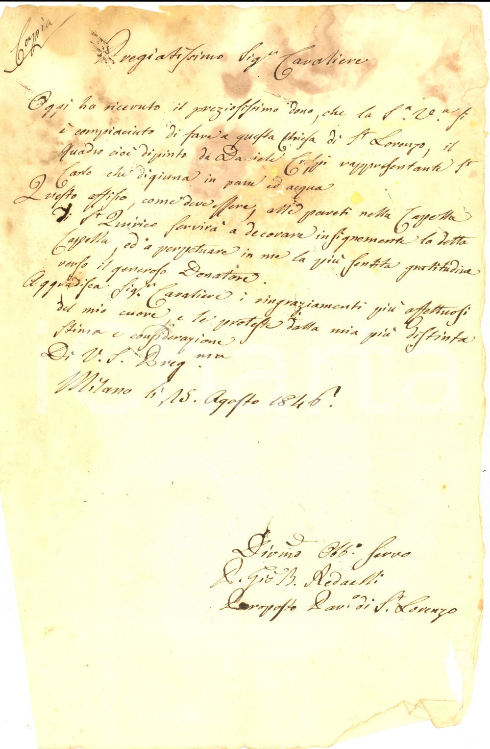 Documento originale, autentico 1846 MILANO Giuseppe CONSOLE DALL ARMI dona un quadro a Basilica SAN LORENZO 1