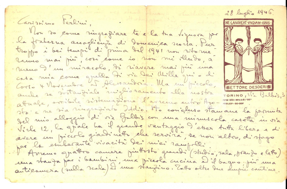 Autografo originale 1946 TORINO Ettore DESDERI conclude la permuta di un alloggio AUTOGRAFO 1