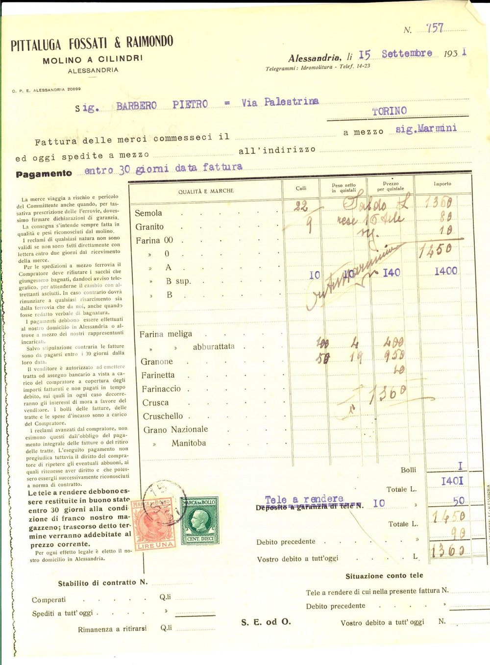 Documento originale, autentico 1931 ALESSANDRIA Molino a cilindri PITTALUGA FOSSATI & RAIMONDO Fattura 1