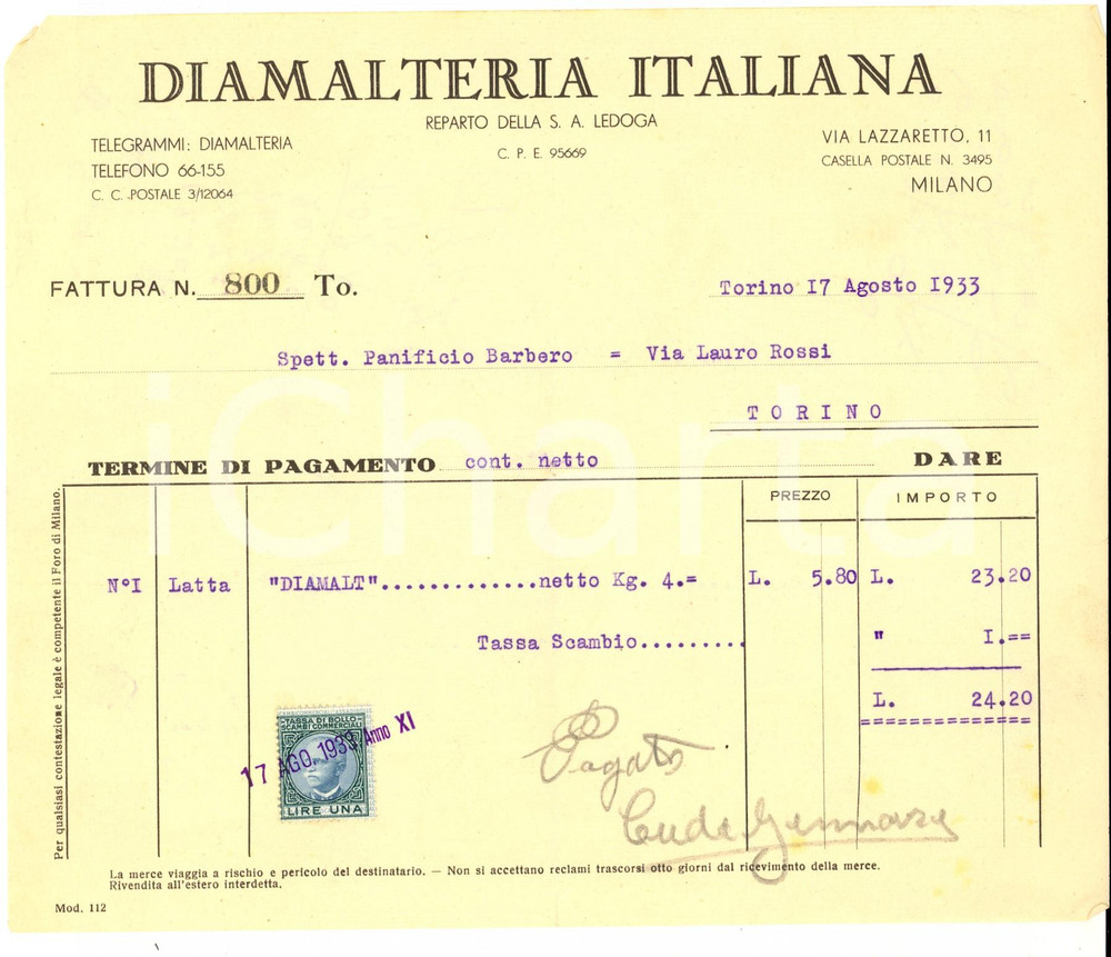 Documento originale, autentico 1933 TORINO Diamalteria Italiana reparto LEDOGA Fattura per latta DIAMALT 1