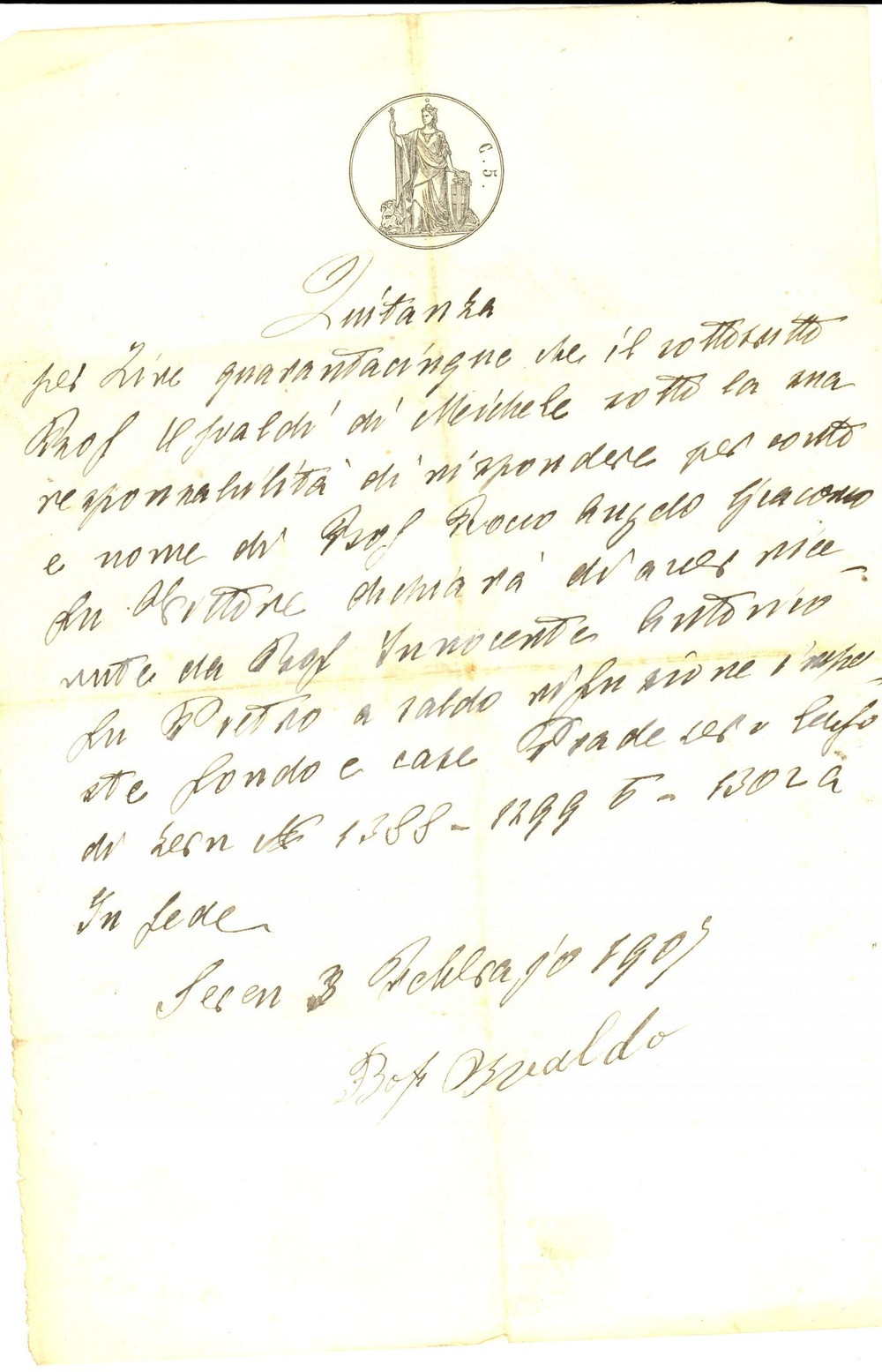 Documento originale, autentico 1907 NAPOLI Ricevuta Osvaldo BOSI ad Antonio INNOCENTE per fondo e case PRADE 1