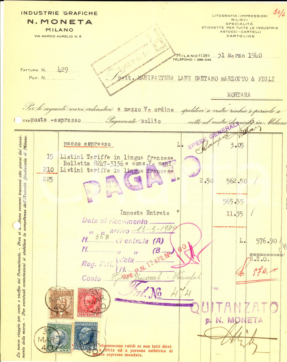 Documento originale, autentico 1940 MILANO Industrie grafiche N. MONETA  Fattura intestata per listini 1