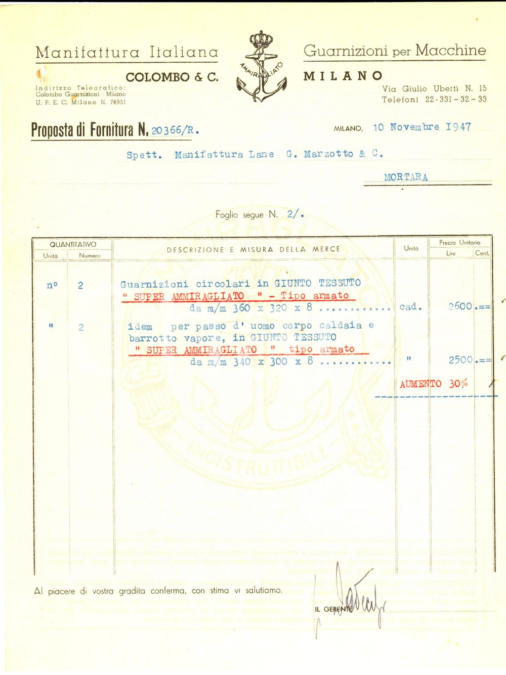 Documento originale, autentico 1947 MILANO Manifattura COLOMBO Guarnizioni per macchine Preventivo 1