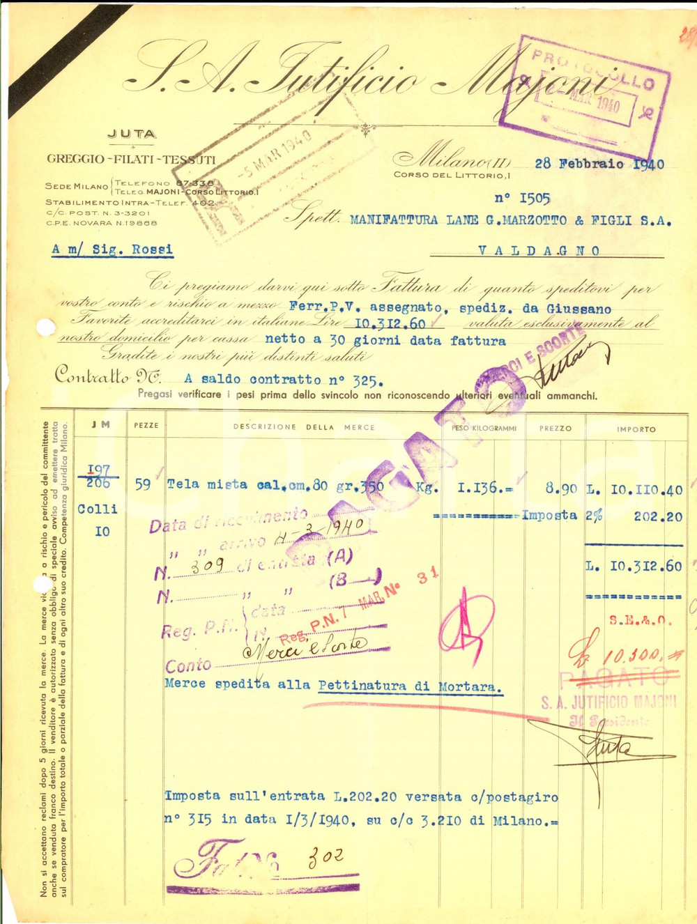 Documento originale, autentico 1940 MILANO Corso LITTORIO S. A. Jutificio MAJONI Fattura per tela mista 1
