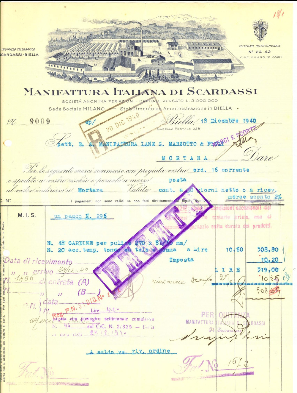 Documento originale, autentico 1940 BIELLA Manifattura Italiana di Scardassi Fattura ILLUSTRATA per cardine 1