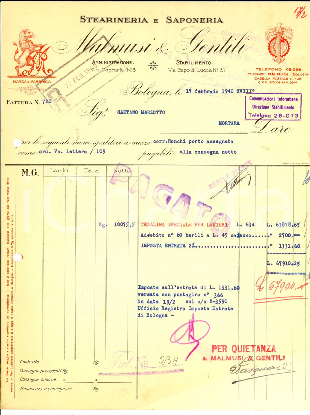 Documento originale, autentico 1940 BOLOGNA Stearinearia e saponeria MALMUSI & GENTILI Fattura intestata 1