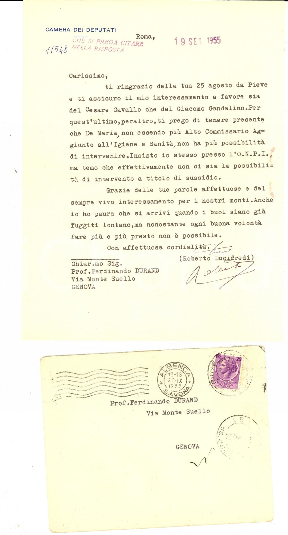 Autografo originale 1955 ROMA Roberto LUCIFREDI promette intervento presso l ONPI Autografo 1