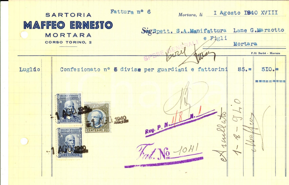 Documento originale, autentico 1940 MORTARA PV Sartoria Ernesto MAFFEO  Fattura intestata per divise 1