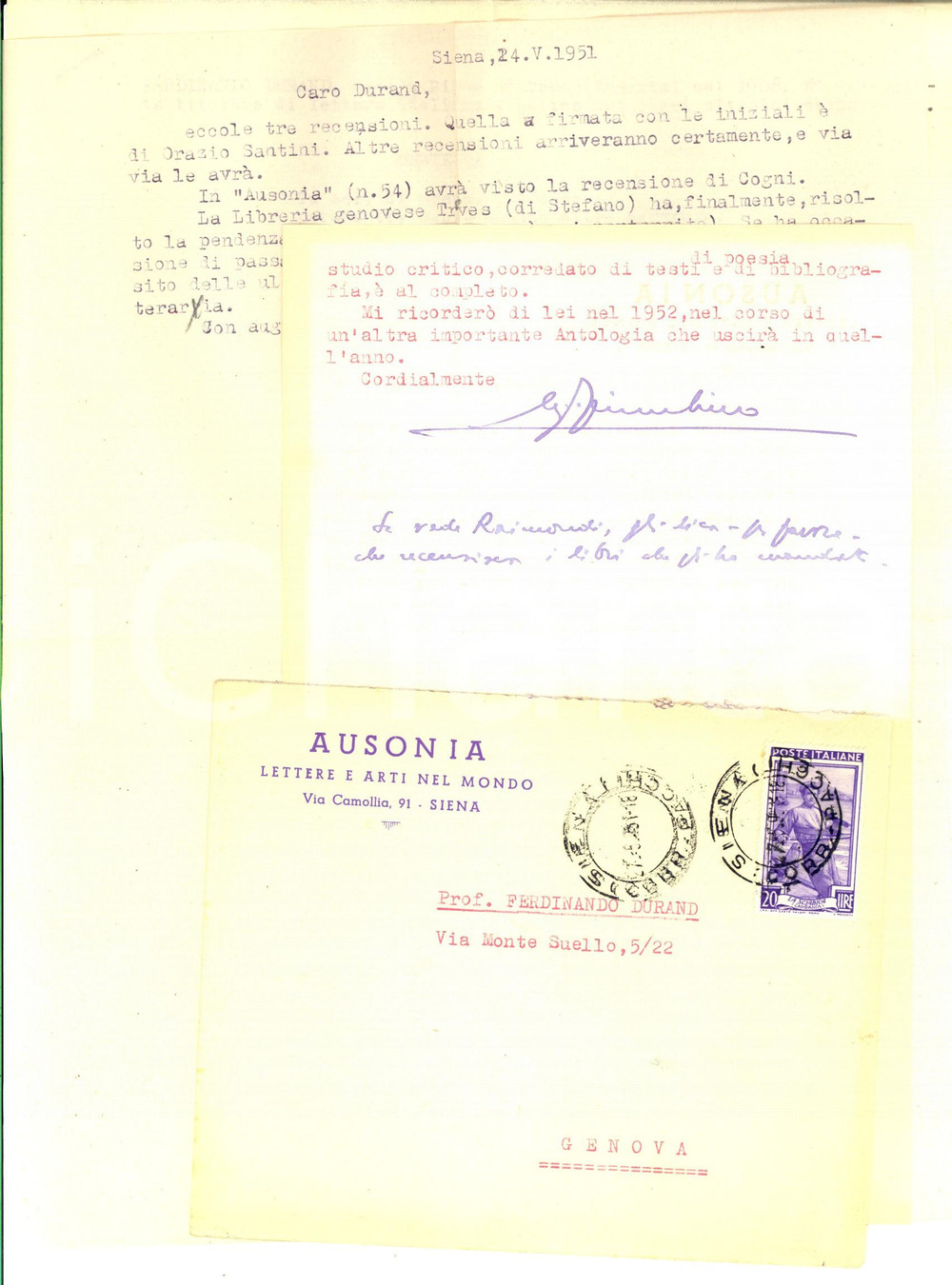 Autografo originale 1951 SIENA AUSONIA Luigi FIORENTINO a Ferdinando Durand sul suo libro AUTOGRAFO 1