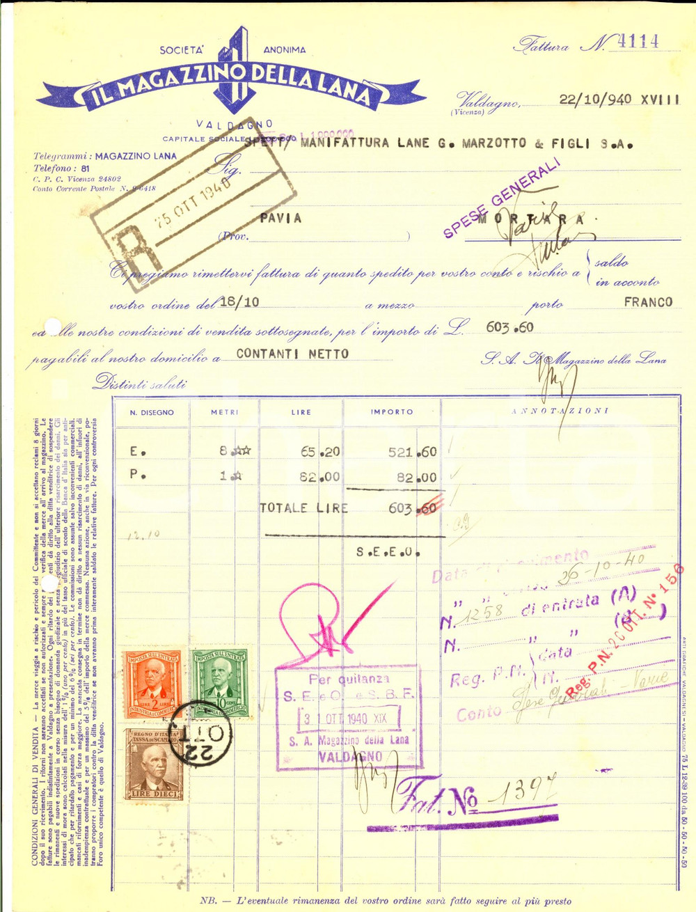 Documento originale, autentico 1940 VALDAGNO VI Il Magazzino della Lana Fattura intestata 1
