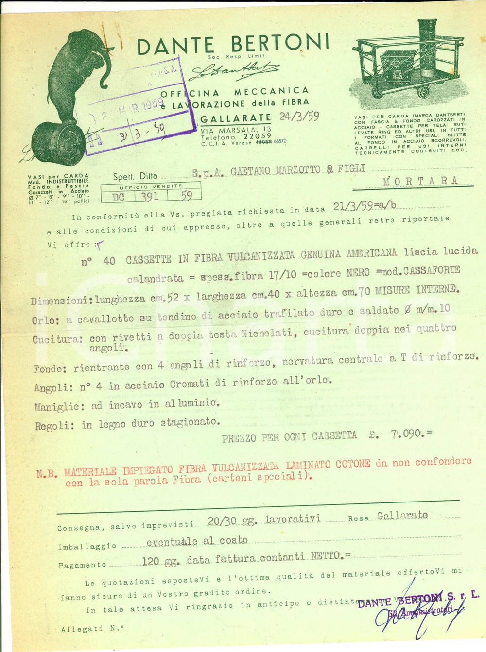 Documento originale, autentico 1959 GALLARATE VA Officina meccanica Dante BERTONI Preventivo cassette 1