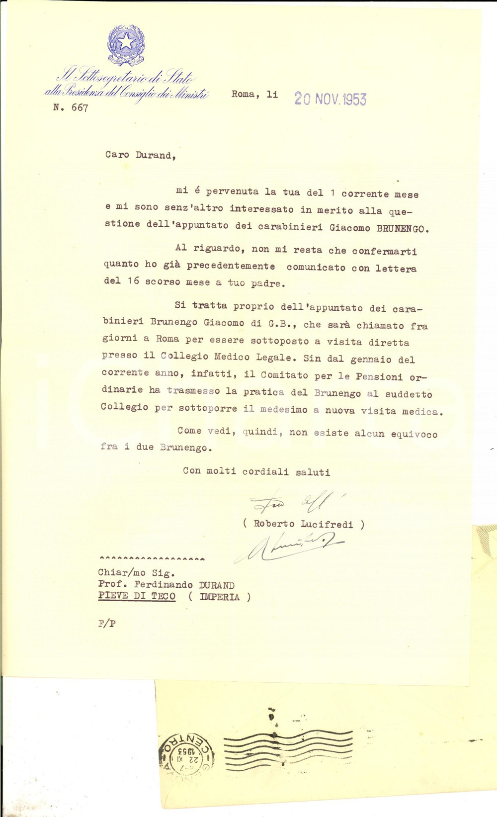 Autografo originale 1953 ROMA Lettera Roberto LUCIFREDI su militare raccomandato Autografo 1