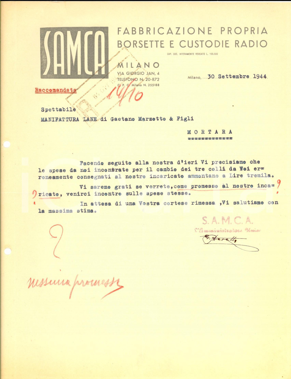 Documento originale, autentico 1944 RSI MILANO Ditta SAMCA Fabbricazione borsette e custodie radio Lettera 1