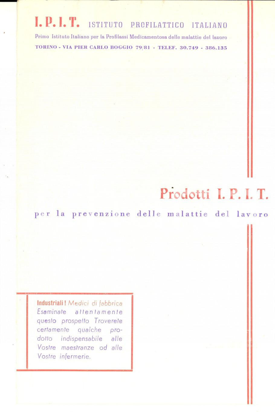 Materiale pubblicitario d’epoca 1960 TORINO Istituto Profilattico Italiano Listino prodotti malattie del lavoro 1
