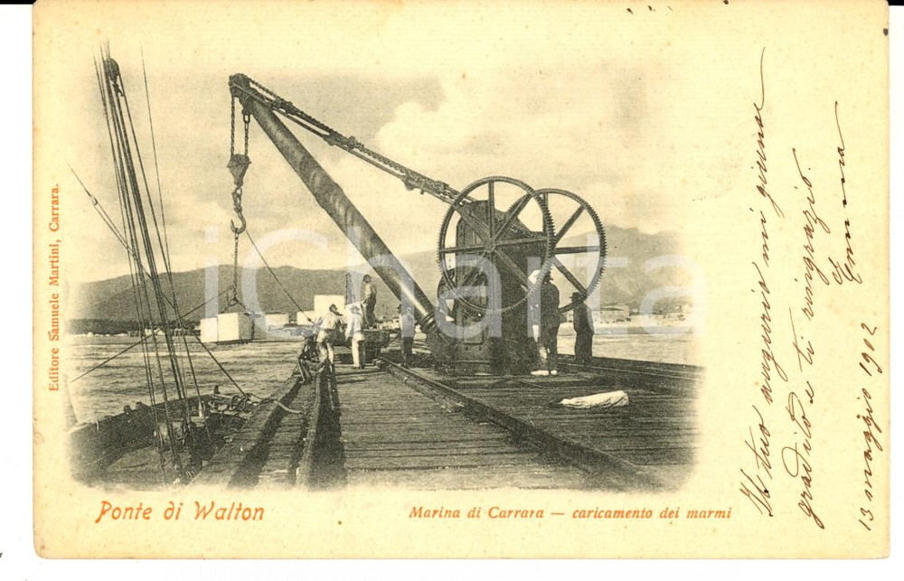 Cartolina originale da collezione 1902 MARINA DI CARRARA MS Ponte di WALTON  Caricamento marmi Cartolina FP VG 1