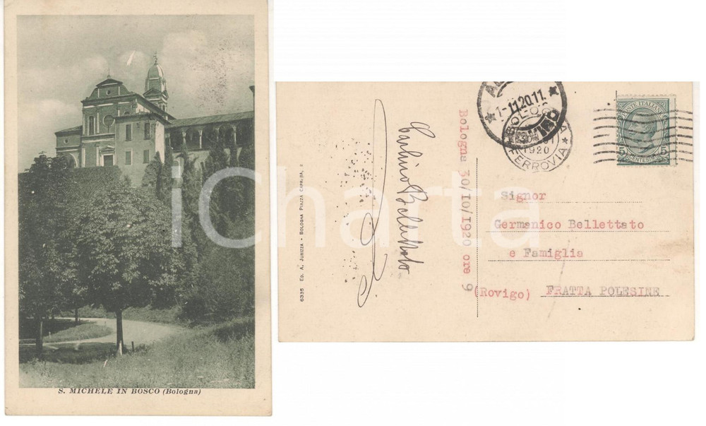 Cartolina originale da collezione 1920 BOLOGNA Chiesa di SAN MICHELE IN BOSCO  Cartolina Carlo BELLETTATO 1