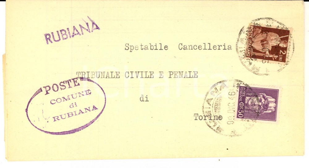 Cartolina originale da collezione 1946 STORIA POSTALE REPUBBLICA Piego affrancatura L. 2 + 50 cent. Italia turrita 1