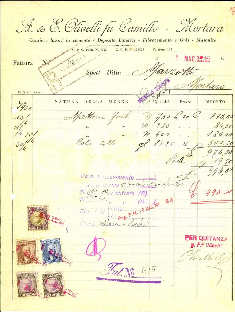 Documento originale, autentico 1940 MORTARA PV A. & E. OLIVELLI fu Camillo  Lavori in cemento Fattura 1