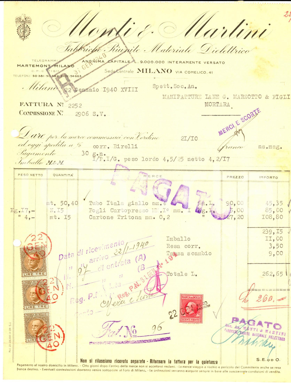 Documento originale, autentico 1940 MILANO Fabbriche Riunite MONTI & MARTINI Materiale elettrico Fattura 1