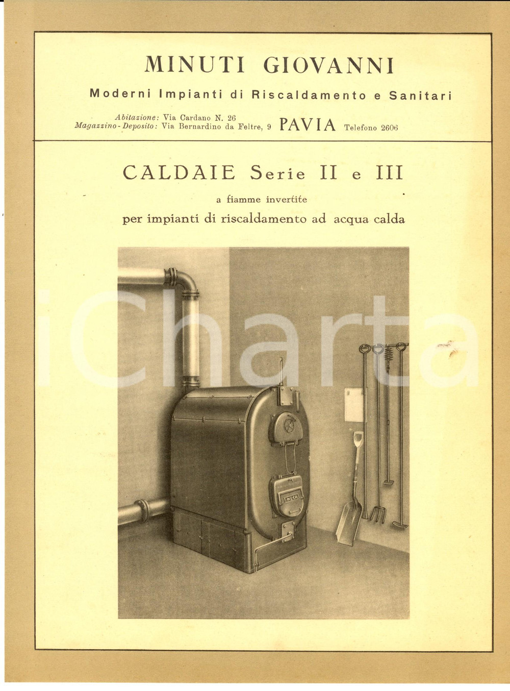 Materiale pubblicitario d’epoca 1950 ca PAVIA Giovanni MINUTI  Caldaie per impianti riscaldamento PubblicitÃ  1
