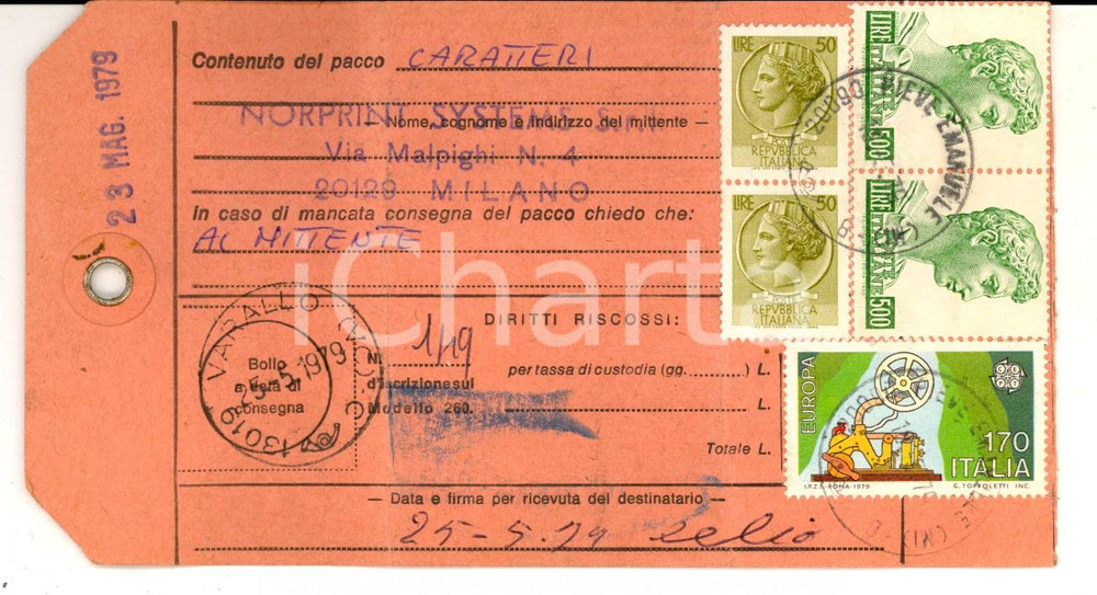 Cartolina originale da collezione 1979 STORIA POSTALE REPUBBLICA Bollettino pacco con assegno L. 500 + 170 EUROPA 1